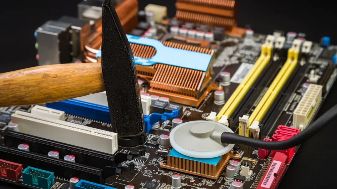A humorous close-up of a computer motherboard with a large hammer resting on its components and a medical stethoscope pressed against a copper heatsink, metaphorically representing the desire to fix pc game crashes through diagnostic troubleshooting.
