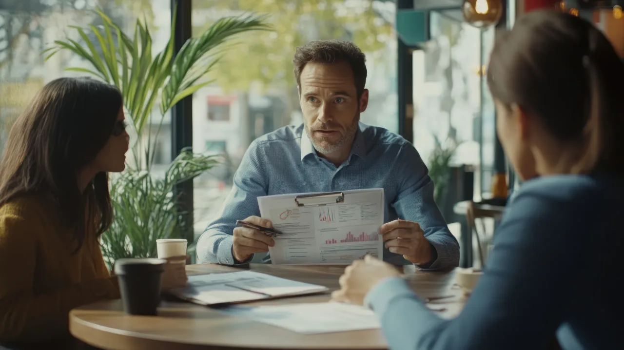 business meeting with man presenting data two colleagues caf setting