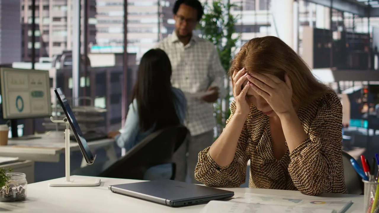 unwell businesswoman multinational company battles burnout anxiety
