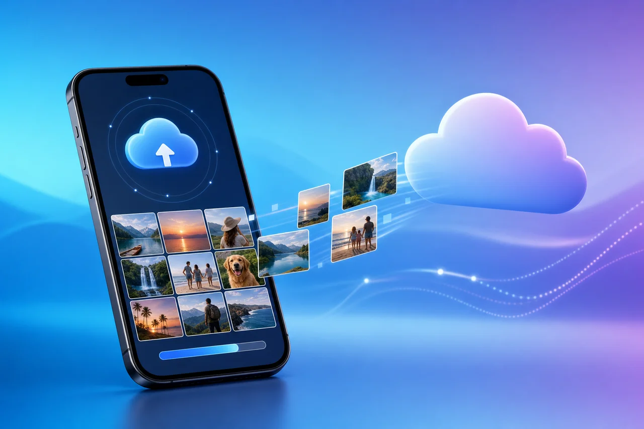 Photo backup app syncing images to cloud storage on smartphone