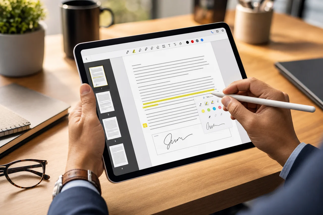 Tablet showing PDF annotation and digital signing tools