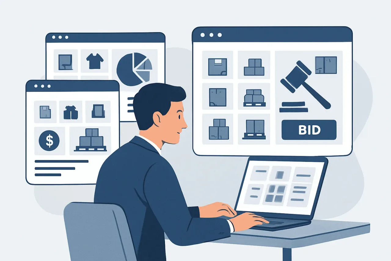 A computer screen showing various online liquidation auction platforms.