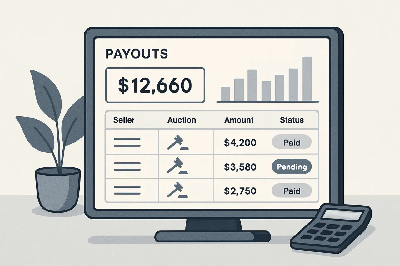 Dashboard for seller payouts in auction and liquidation events.