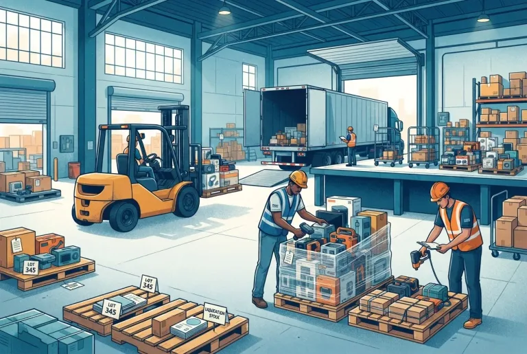 Warehouse loading dock with pallets of liquidation merchandise