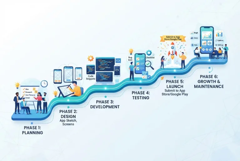 Mobile app development workflow diagram concept