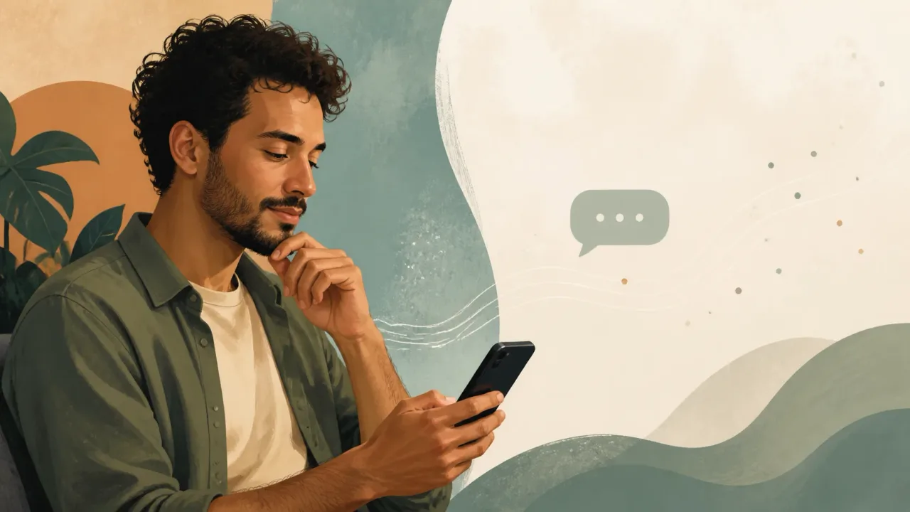 Pessoa refletindo sobre respostas curtas em conversa online