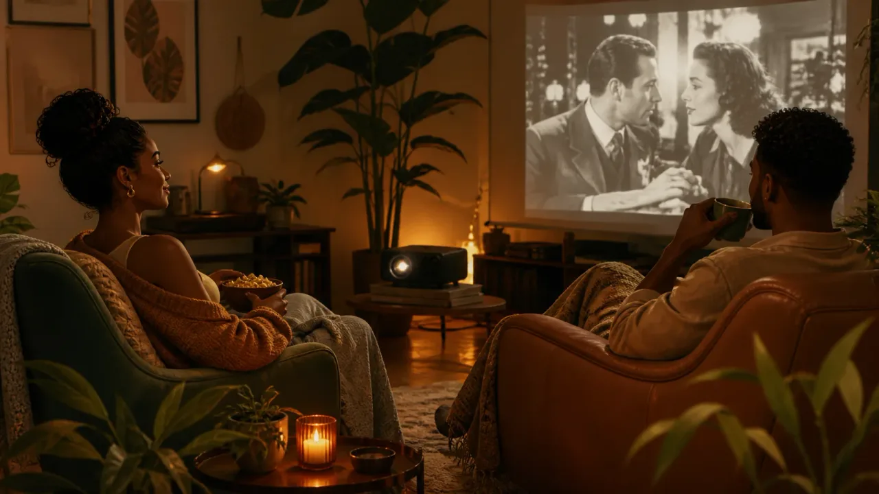 Encontro confortável em casa com filme