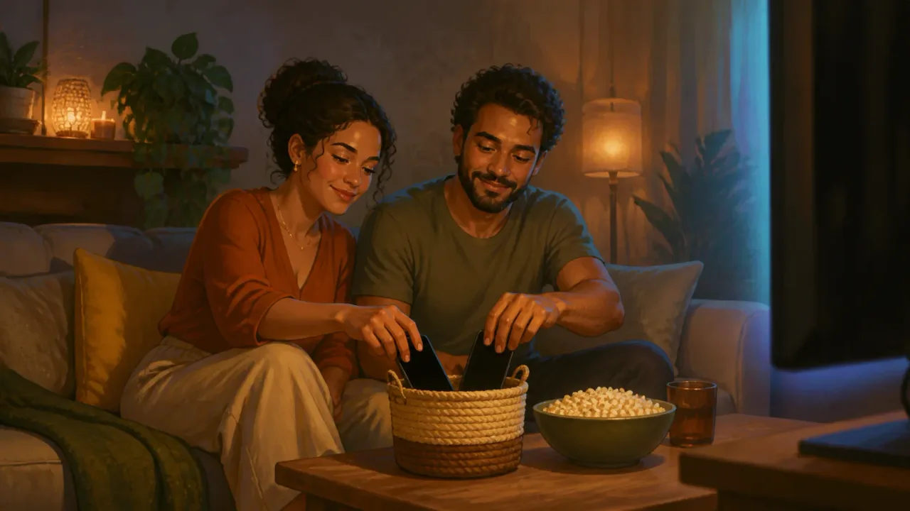 Casal deixando celulares de lado durante filme