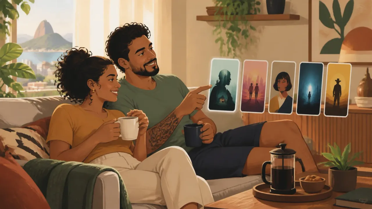 Pessoas assistindo série curta no fim de semana