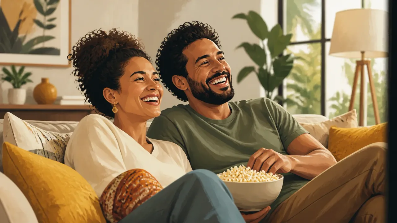 Casal assistindo filme leve em casa
