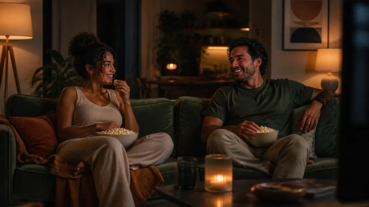 Duas pessoas em um primeiro encontro assistindo filme em casa