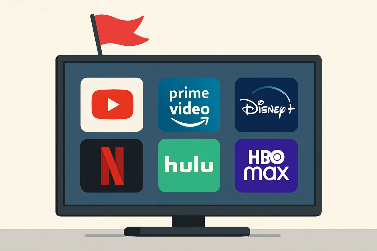 Assorted streaming service app icons on television screen