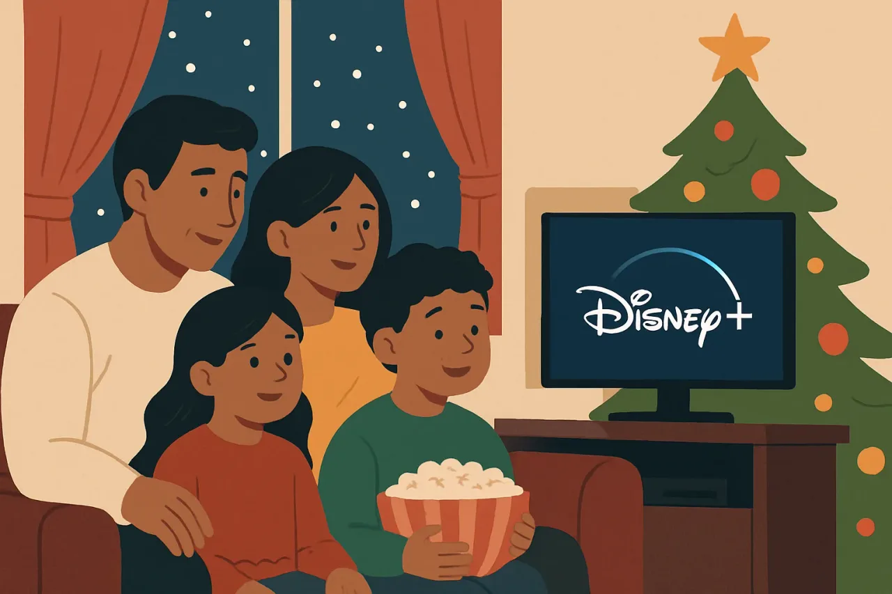 Family gathered enjoying Disney+ on TV in a cozy living room
