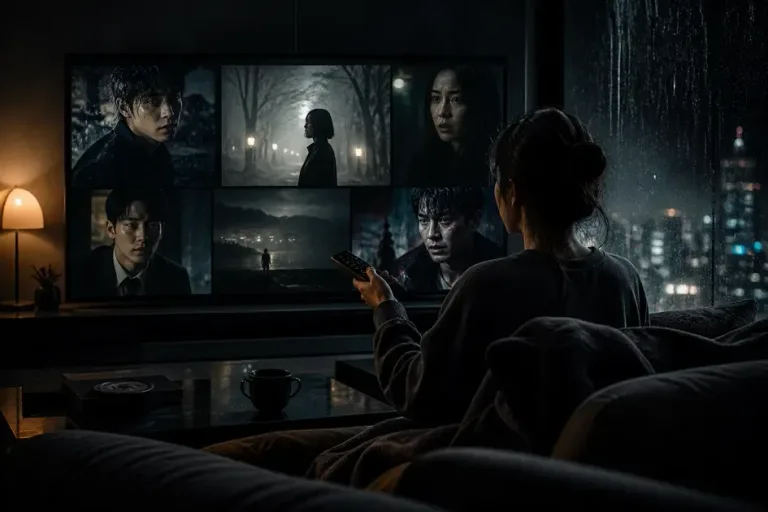 Ilustração editorial sobre doramas de suspense: como escolher uma maratona mais intensa