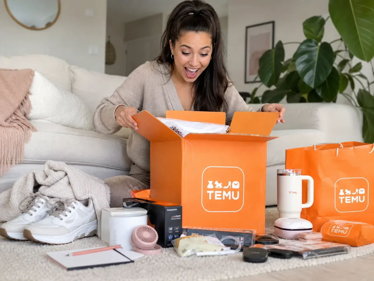 Mulher abrindo caixa laranja da temu com expressão surpresa e contente. Ao seu redor há mais produtos e pacolas da TEMU. A imagem representa como se inscrever no programa de influencers da TEMU.