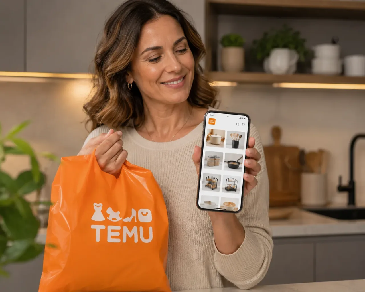 Mulher madura segurando em uma mão um celular que mostra a interface de um aplicativo de compras online e na outra mão uma sacola laranja da Temu. A imagem representa como ganhar produtos com o programa de influencers da TEMU
