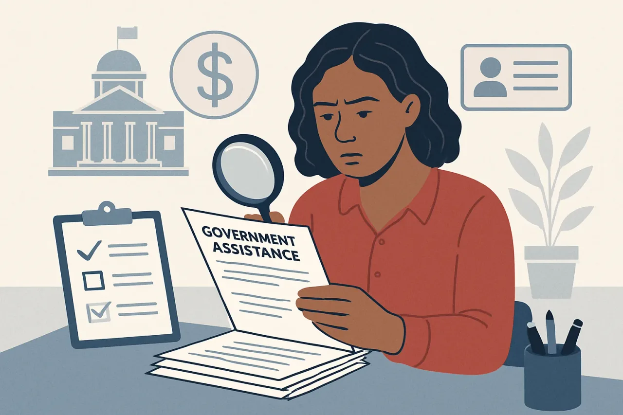 Person organizing documents for assistance application