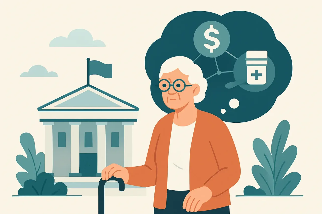 Seniors reviewing government benefits information together
