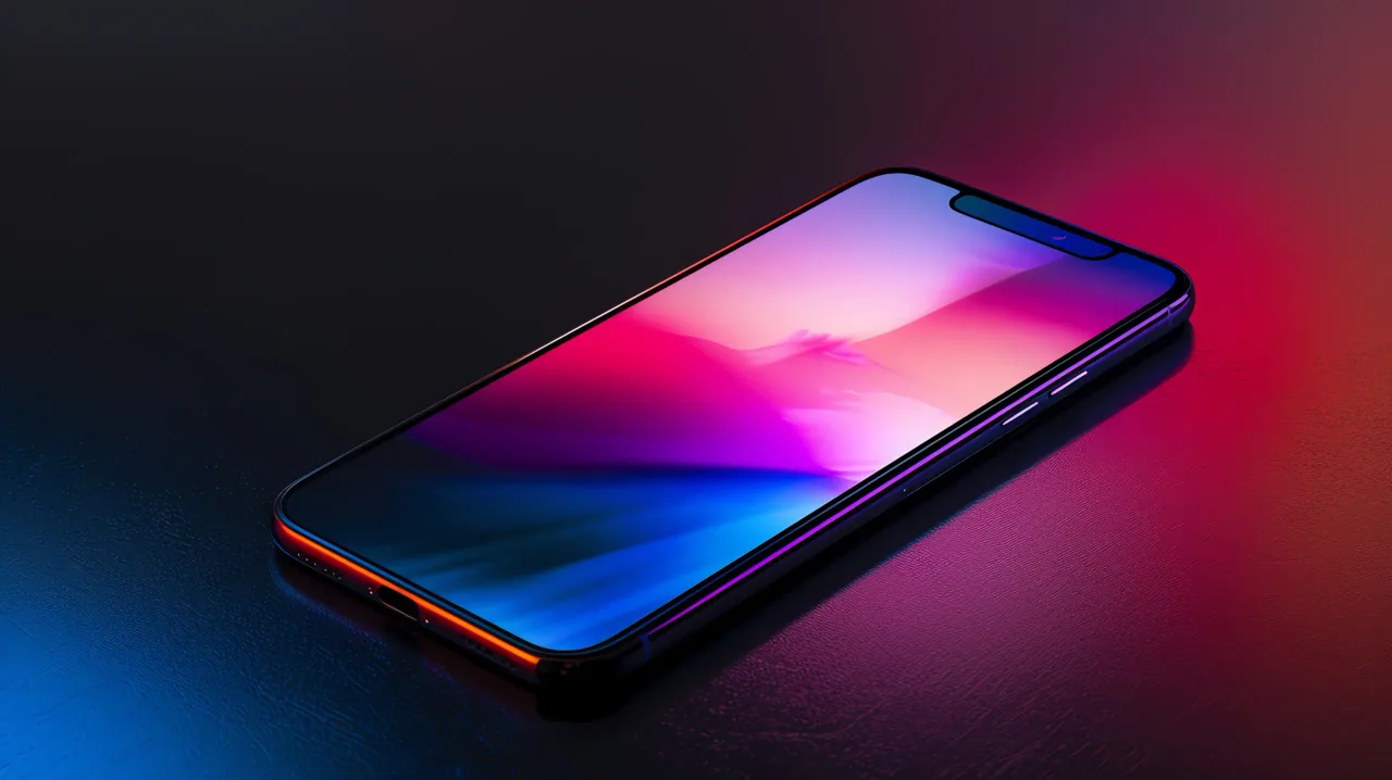 smartphone with colorful abstract background screen lies table with blue red lighting