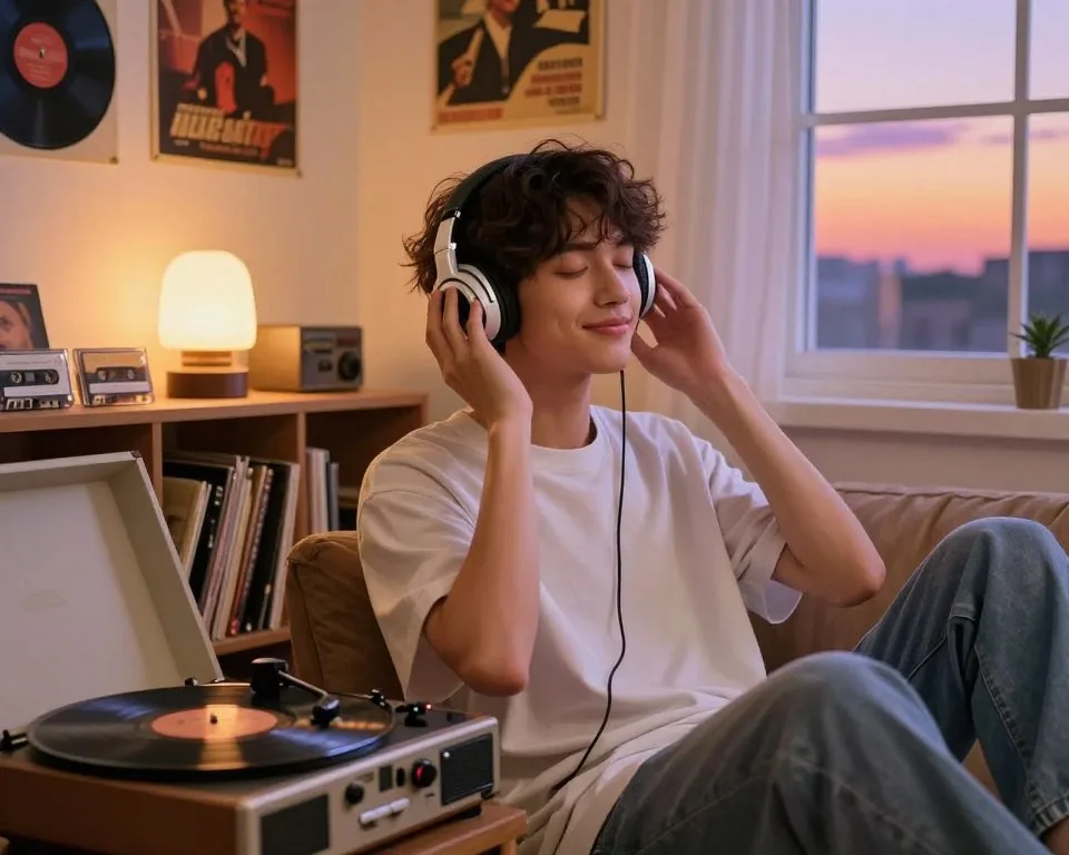 Person listening to old music with headphones.