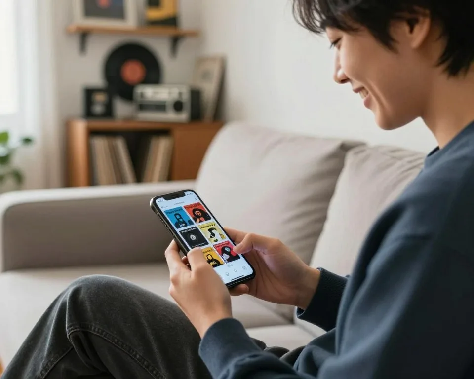 Person enjoying old music apps on their smartphone. Person enjoying old music apps on their smartphone.