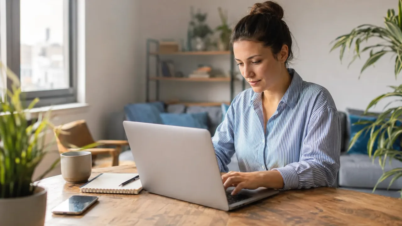 Professional reviewing flexible job opportunities from a home workspace