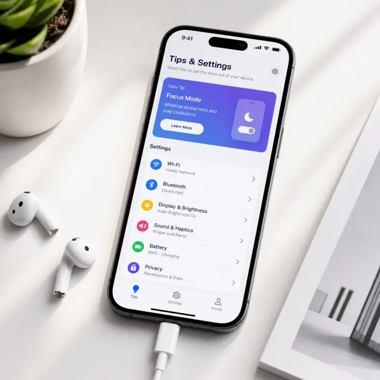 Smartphone showing settings and tips interface