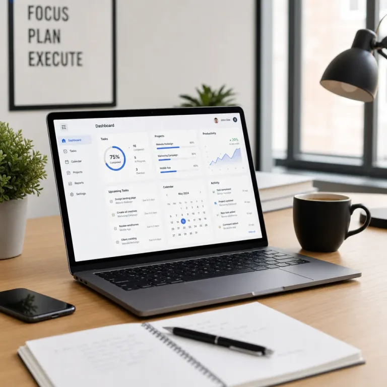 Laptop with productivity dashboard on clean desk