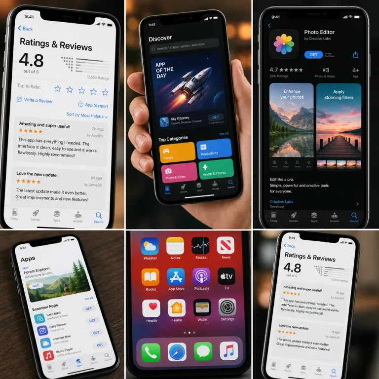 Smartphone screens showing app interfaces with ratings