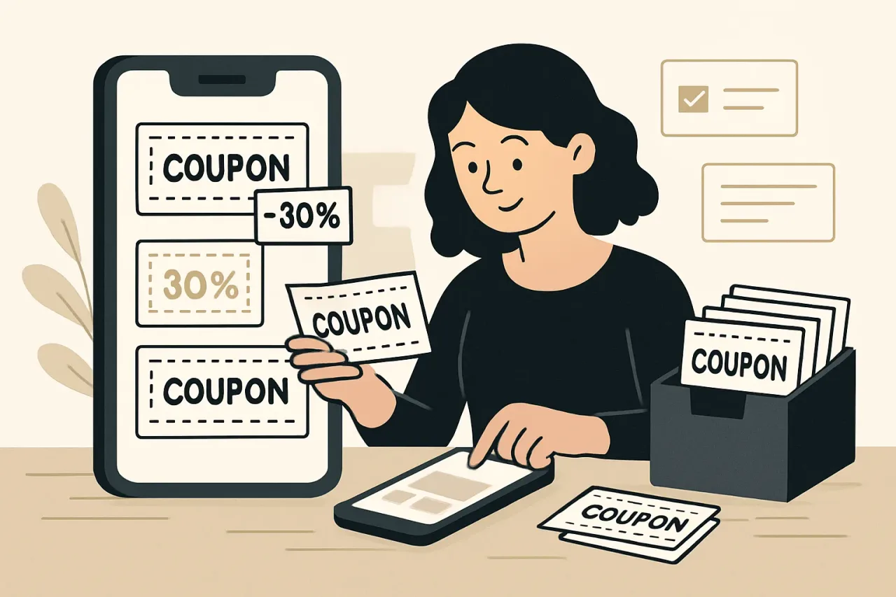 Person sorting digital and paper coupons