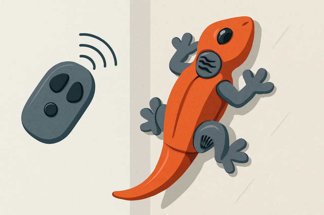 Bright green remote control lizard toy clinging to a wall beside a white remote.
