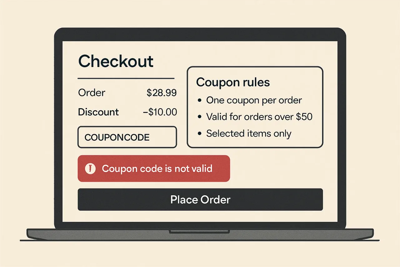 Checkout page displaying Shopping Deals & Coupons field and transparent coupon instructions.