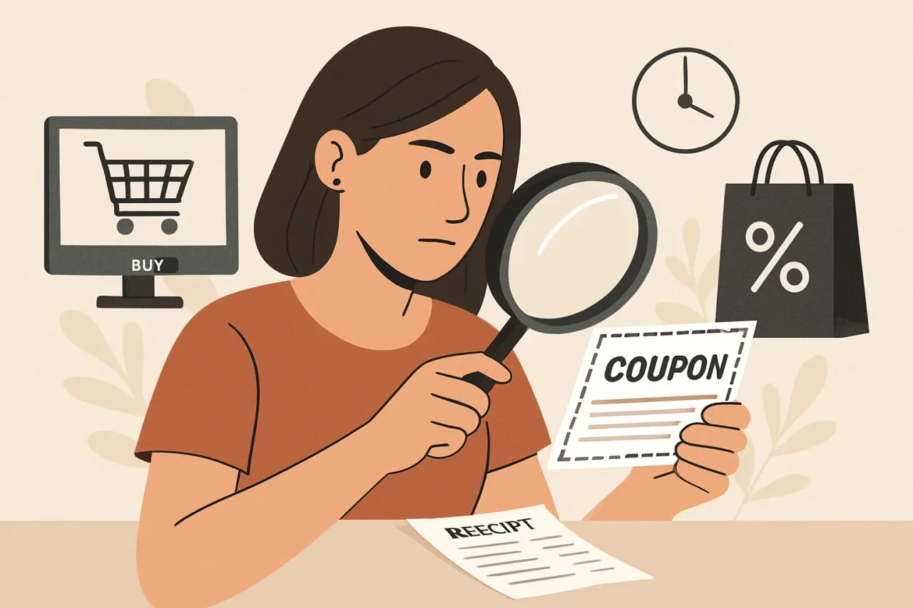 Person reading the fine print on a coupon before shopping.
