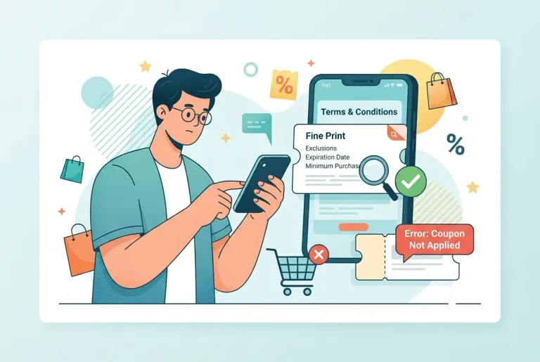 Person analyzing coupon fine print on a smartphone at home