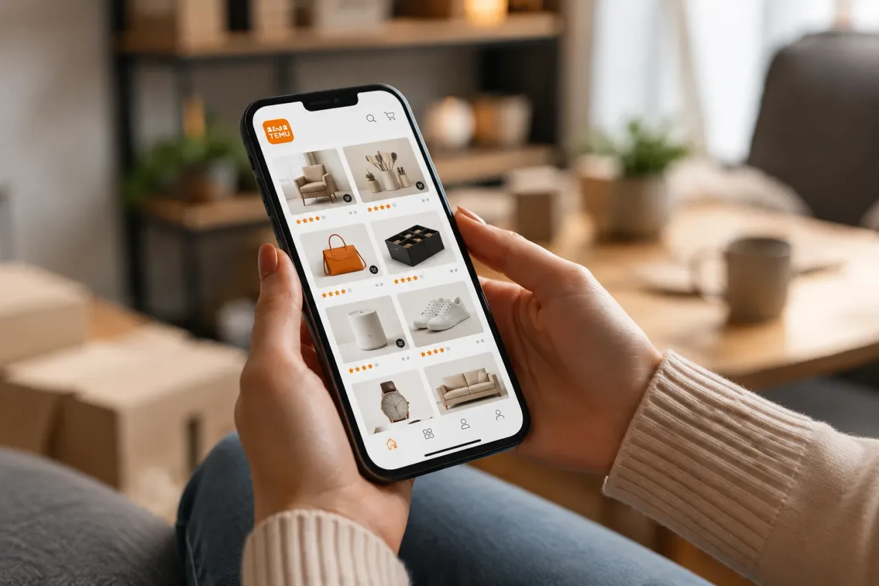 Mãos femininas segurando um celular que mostra a interface de um aplicativo de compras online similar a TEMU. A imagem representa Como se Inscrever no Programa de Influencer da TEMU.