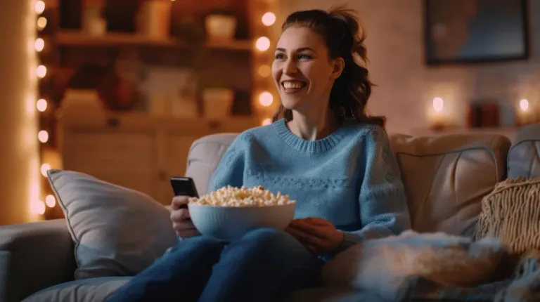 mulher sorrindo e assistindo tv