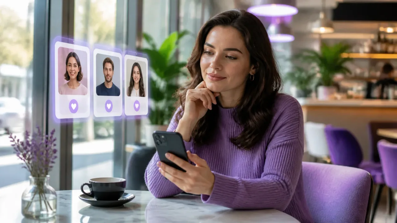 Woman comparing dating app options on a smartphone in a cafe