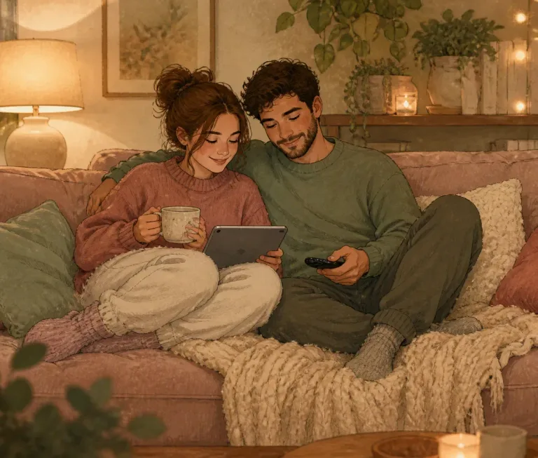 Duas pessoas em um sofá com tablet no colo, copos de café e cobertor de tricô, em sala com luz amarela de abajur