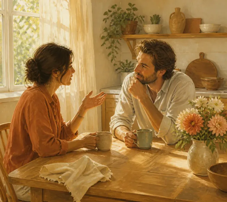 Dois adultos sentados à mesa em cozinha iluminada pelo sol da manhã, tomando café enquanto conversam com atenção um ao outro