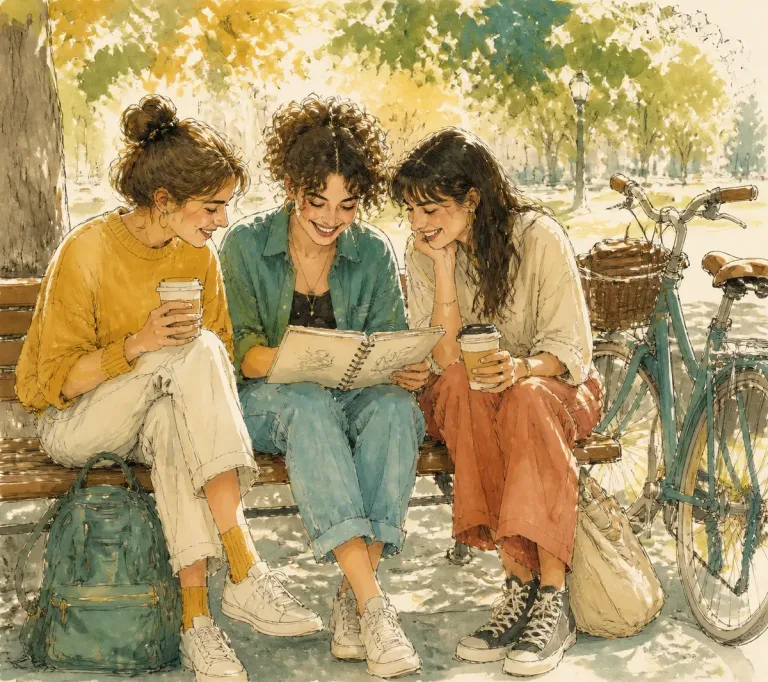 Três amigos bebendo café em uma praça ensolarada, sentados em banco de madeira com mochilas e livros ao lado