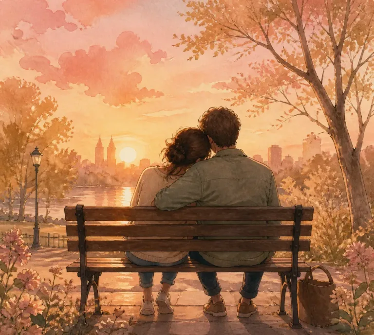 Casal sentado em banco de praça ao entardecer, estilo ilustração suave em tons de rosa e dourado