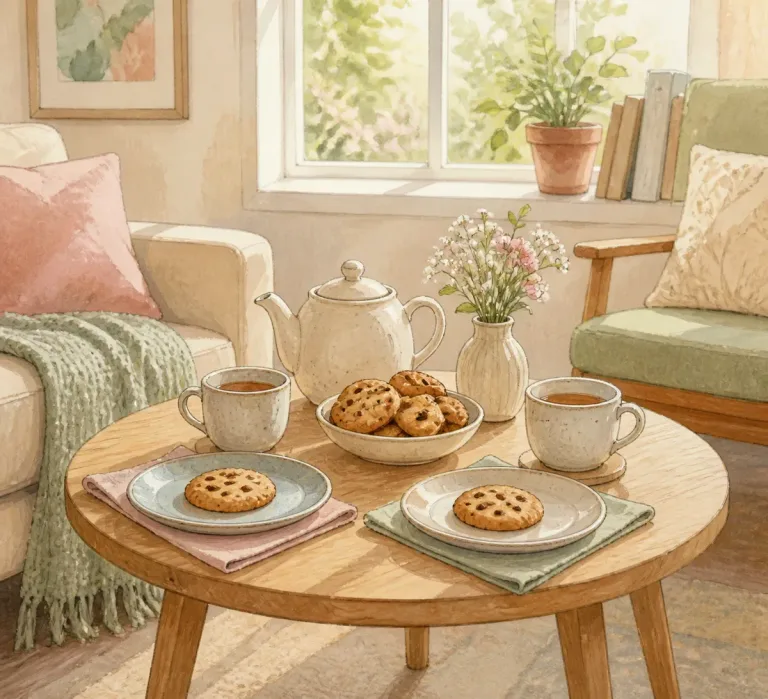 Mesa de café posta para duas pessoas com biscoitos, chã e flores pequenas, atmosfera de lar