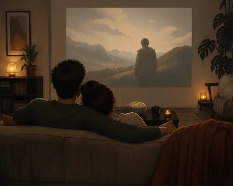 Sofá com duas pessoas assistindo a filme projetado em tela, clima acolhedor de sala à noite
