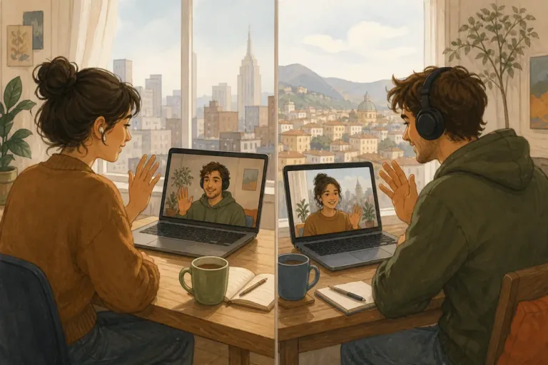 Duas pessoas em cidades diferentes conectadas por videochamada em telas, imagem dividida em tons quentes