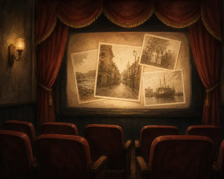 Tela de cinema exibindo fotos antigas em sépia, poltronas e cortinas vermelhas em primeiro plano