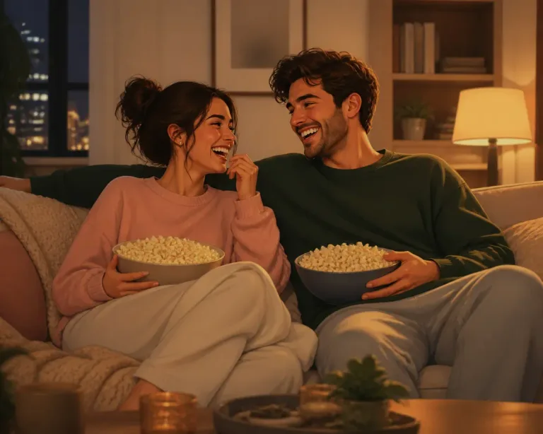 Ilustração editorial de um casal rindo durante uma noite de filme com pipoca e luzes quentes.