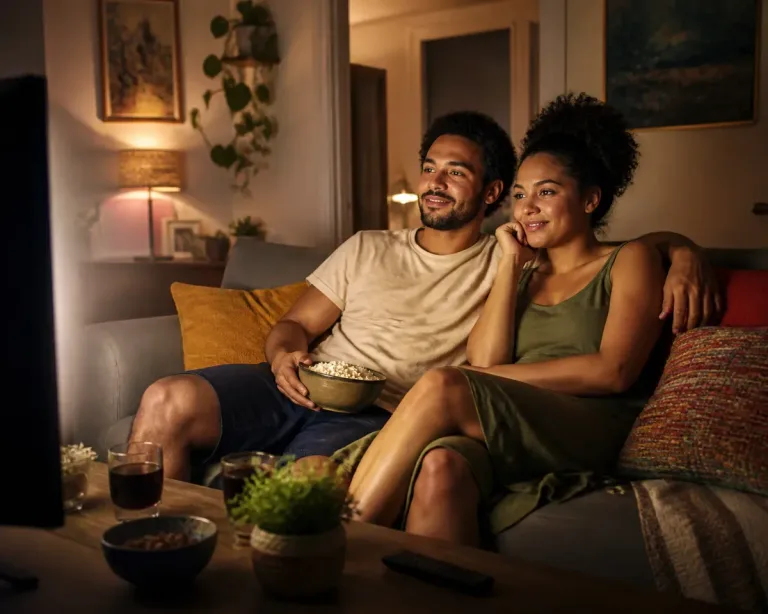 Ilustração editorial de uma sala de estar brasileira com tv ligada, sofá com almofadas coloridas e um casal assistindo a uma série.