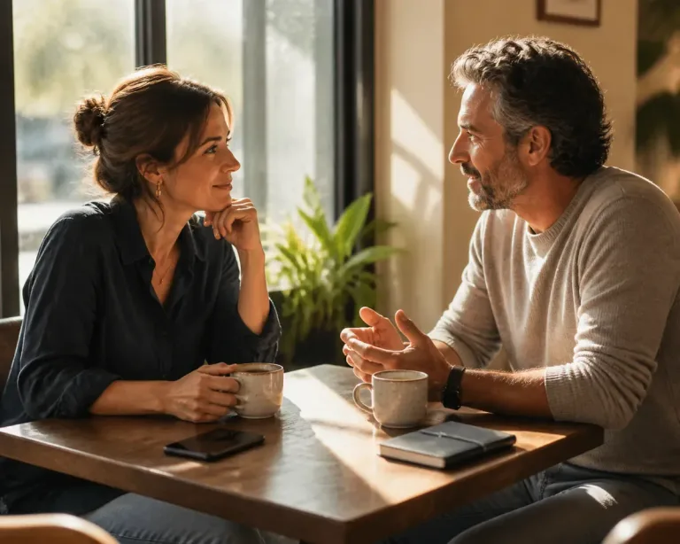 Casal adulto conversando sério em uma cafeteria aconchegante com luz natural