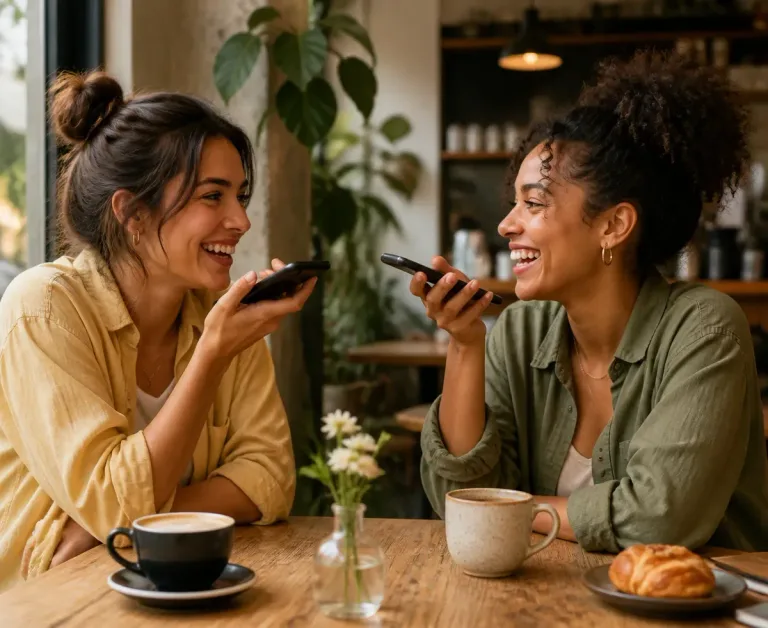 Pessoa em casa conversando ao celular com luz da janela, ambiente acolhedor com livros e planta