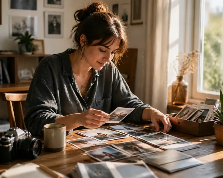 Conjunto de fotos impressas em uma mesa, estilo polaroid, com luz dourada de tarde